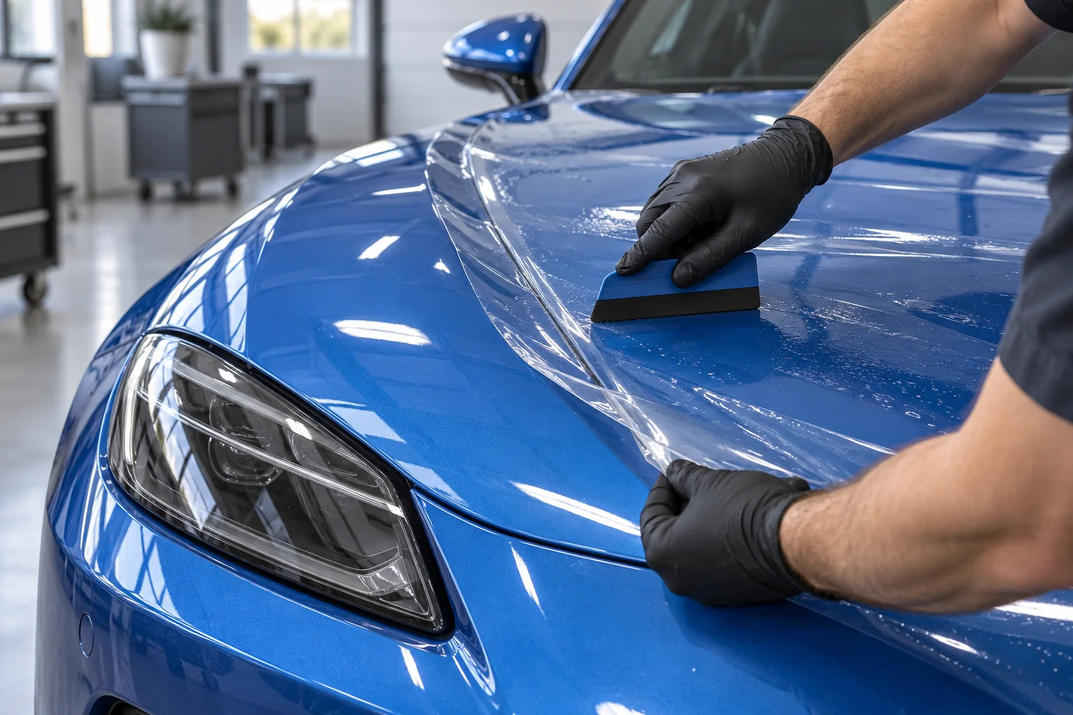 Close-up of gloved hands using a small squeegee to apply optically clear paint protection film to the glossy blue hood of a sports coupe. Film edge visibly lifted at one corner.