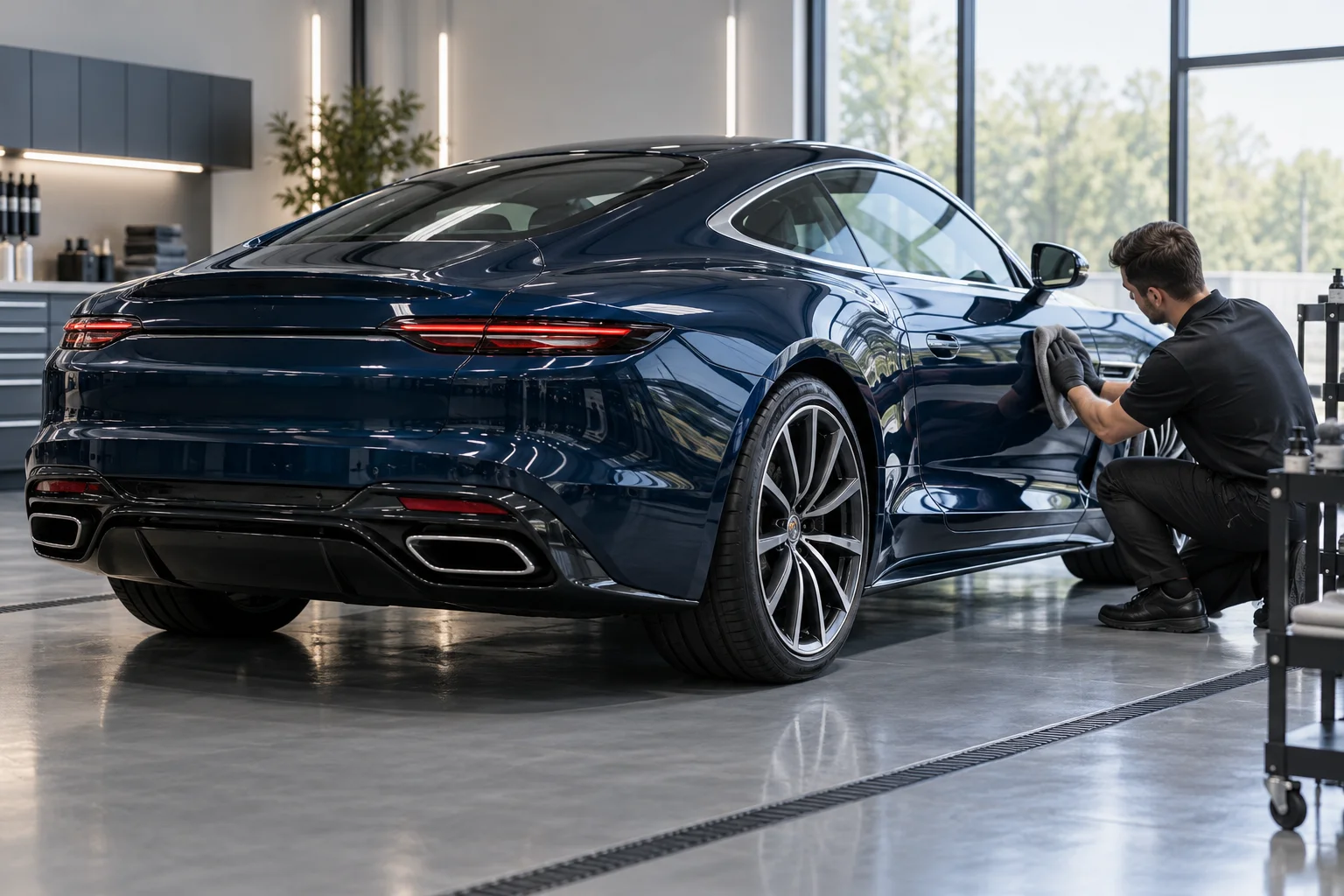 An elegant dark blue grand touring coupe with deep glossy reflections and pristine paint, rear three-quarter view in a meticulous vehicle protection studio. Conceptual premium paint protection.