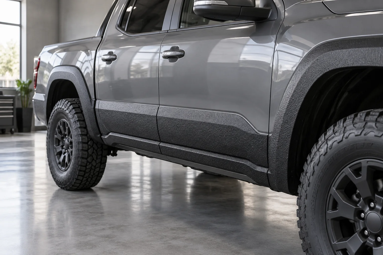 Close three-quarter side view of a gray off-road pickup truck with textured black protective film on its lower doors and rocker panels, emphasize rugged protective lower-body finish.