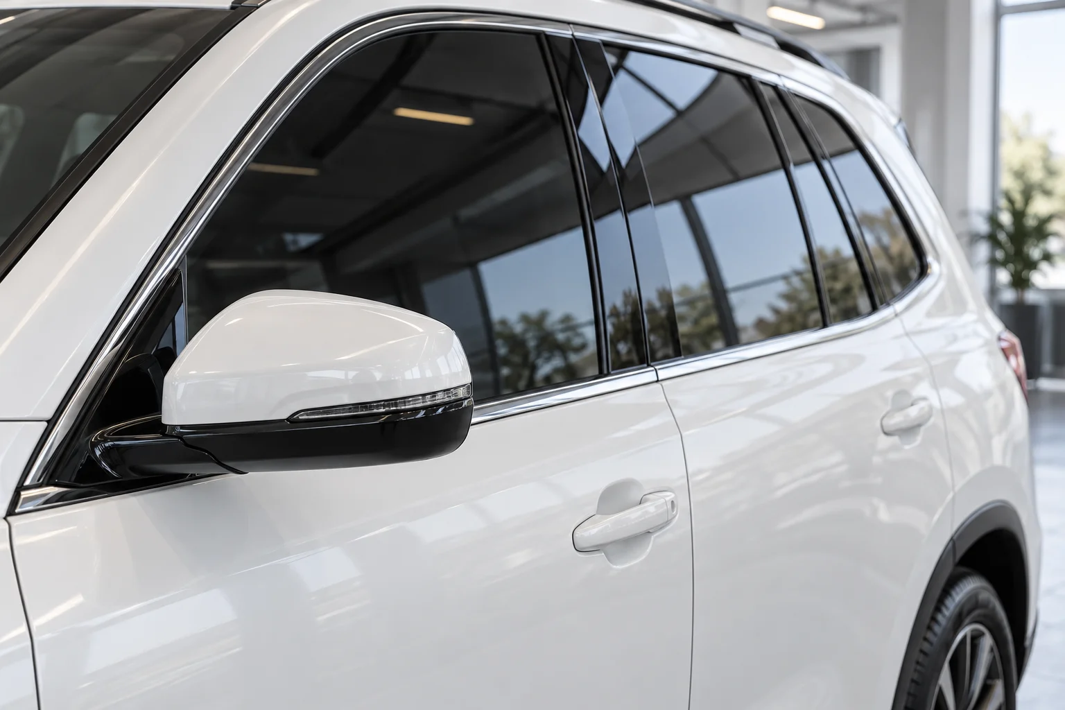 Exterior close-up of a pearl white SUV side door and dark tinted side window, clean window edge and mirror, soft reflections of a contemporary studio in the glass.