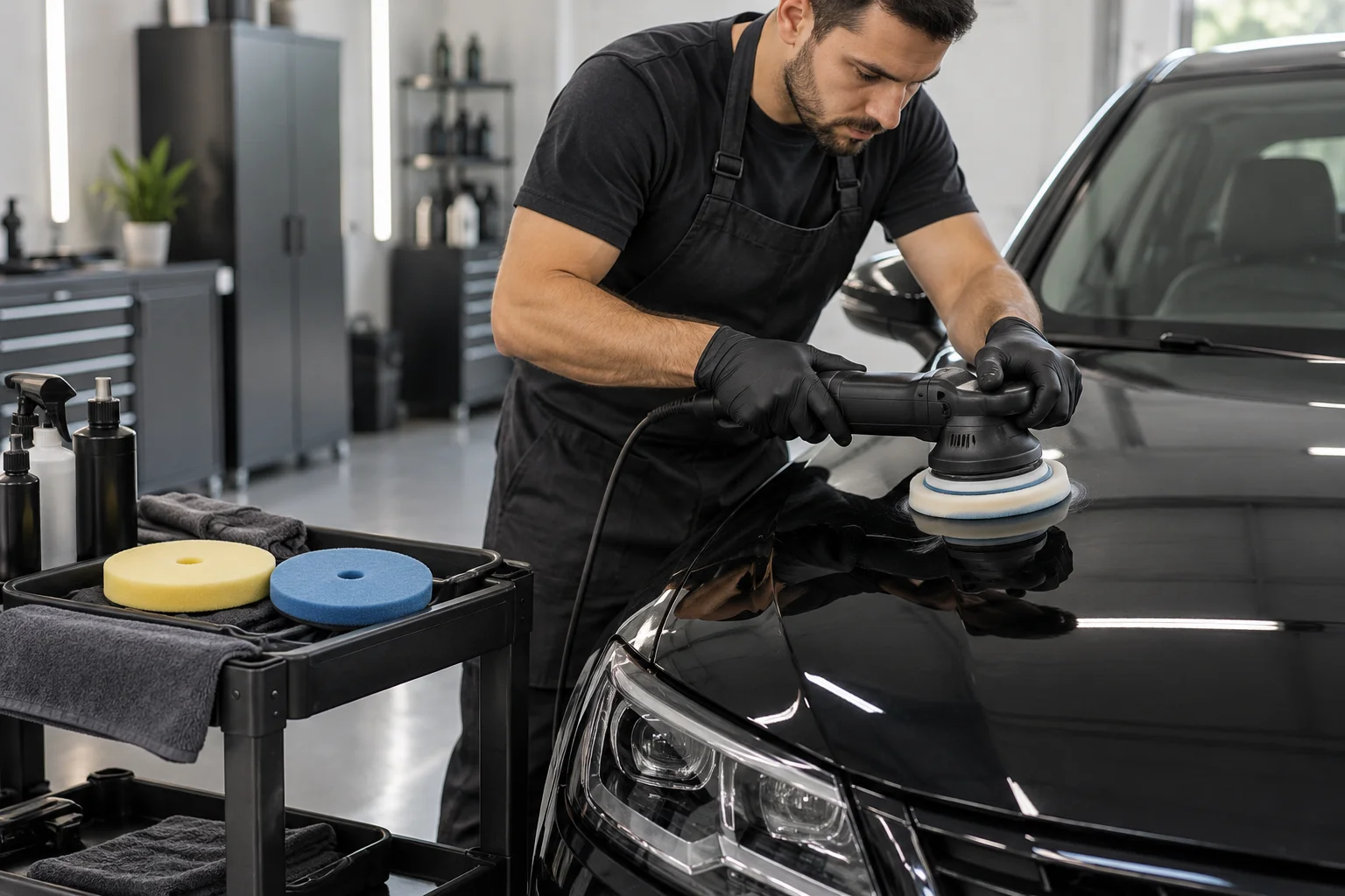 Professional paint-correction workstation beside a black car hood, two different clean polishing pads on the nearby cart and a detailer using a polisher on the hood, precise focused view of paint correction.
