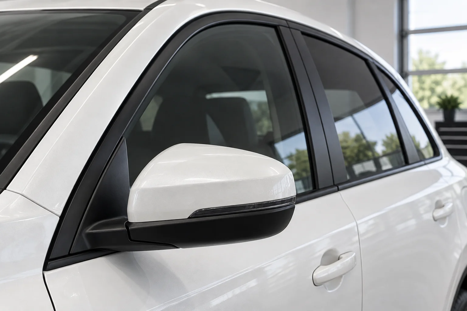 Close-up view of a pearl white vehicle's side windows and side mirror with the chrome trim neatly covered in satin black vinyl, emphasize black window surround rather than full car.