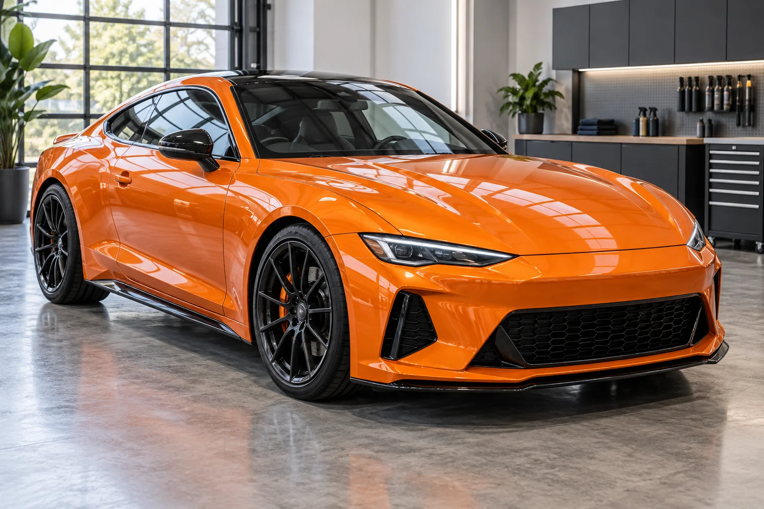 A vivid gloss orange sports coupe with a freshly applied full color-change vinyl wrap, full vehicle three-quarter view.