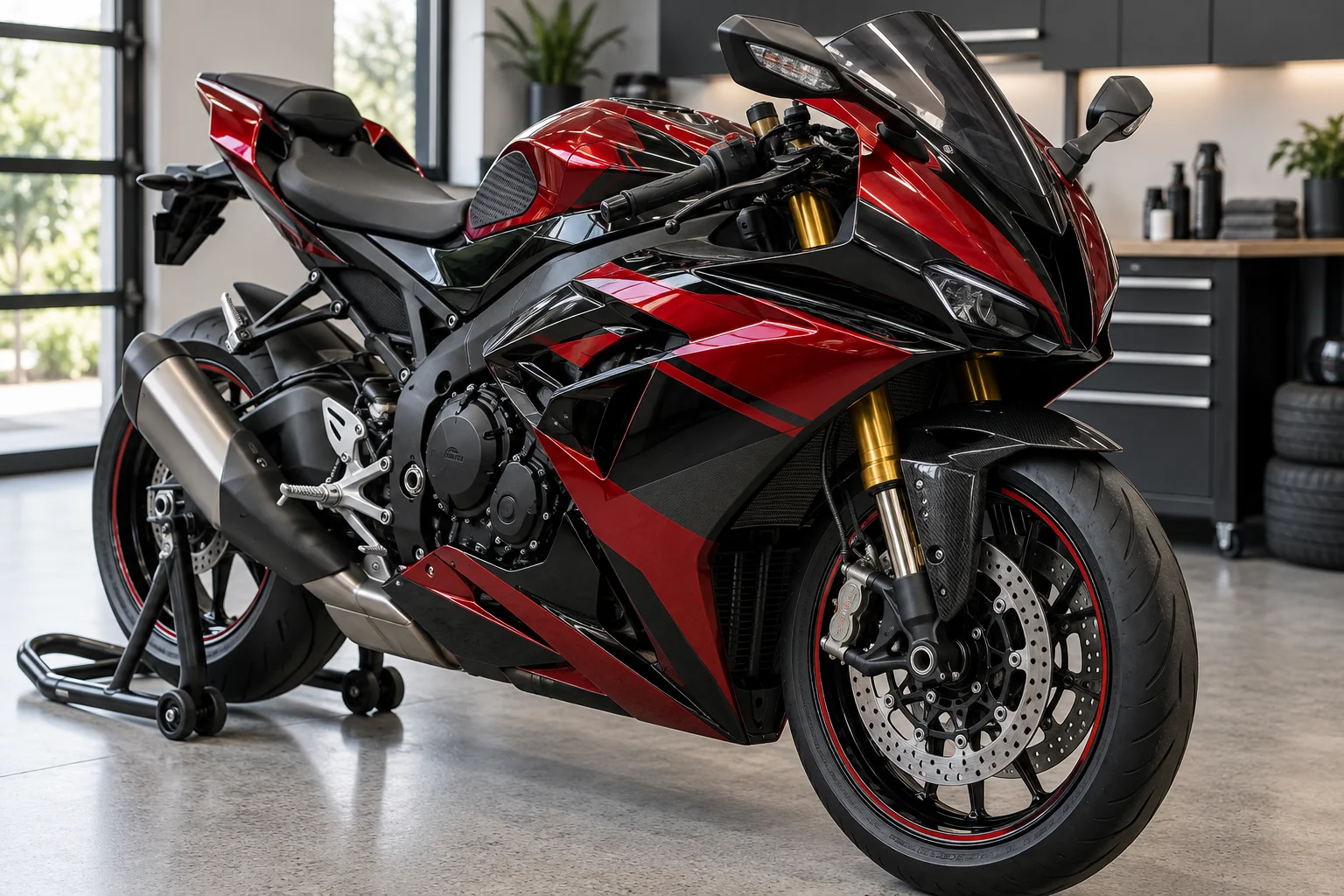 A modern sport motorcycle with custom deep red and black vinyl-wrapped fairings, close three-quarter view clearly showing a motorcycle rather than a car.