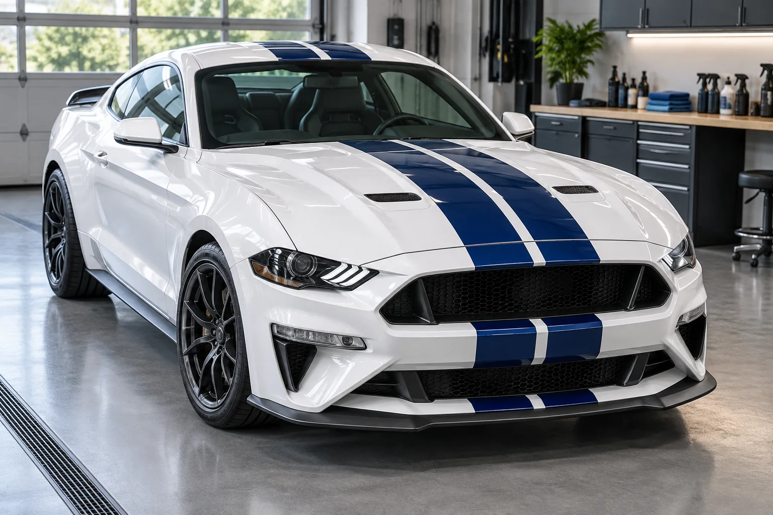 A white muscle coupe with two bold dark blue racing rally stripes extending over the hood and roof, elevated front three-quarter angle.